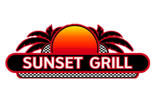 Sunset Grill logo black white and red with sun and palm trees