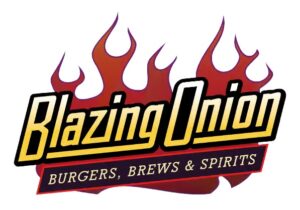 blazing onion burgers, brews and spirits logo red yellow and black with flames