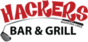 hackers bar & grill logo with red and black and golf club madrona links