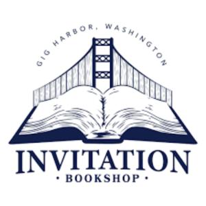 blue invitation bookshop logo with tacoma narrows bridge and open book