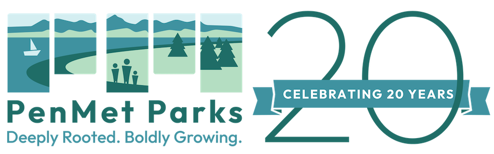 celebrating 20 years penmet marks logo blue and green