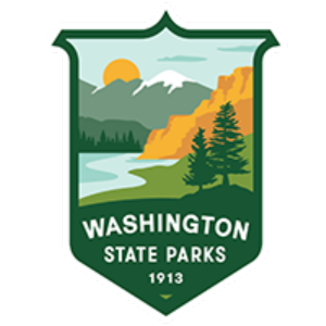 green washington state parks badge logo with mountains, trees and water